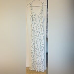 White Floral Maxi Dress with Blue Print - Sleeveless V-Neck